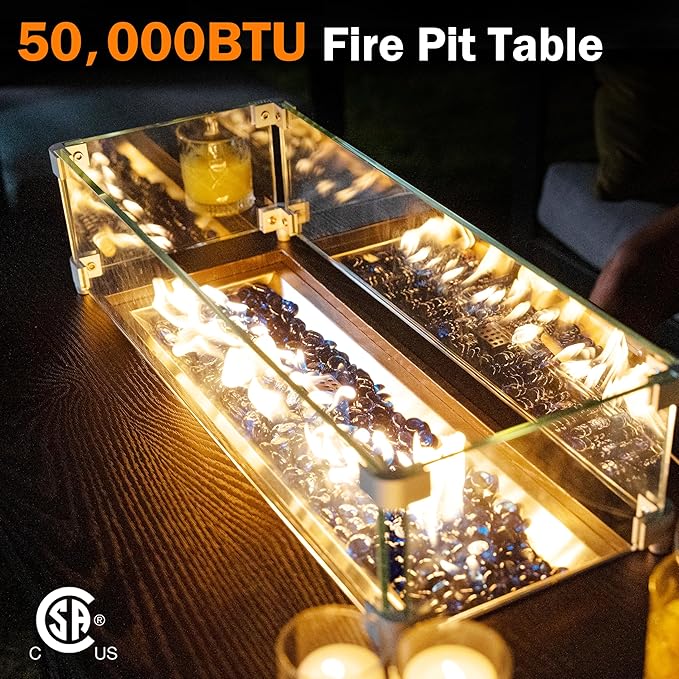 52 Inch Wicker Outdoor Fire Table, 50,000BTU Propane Fire Pit Table with Windshield, Side Basket, Rain Cover and CSA Certified, Patio Fire Pit for Garden, Backyard, Balcony, Poolside, Brown