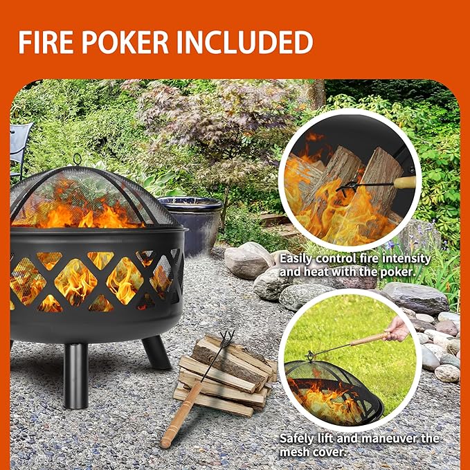 Red Mountain Valley 24'' Outdoor Wood Burning Fire Pit with Spark Screen, Fire Poker, Cover, 2-in-1 Functionality Cross-Woven Steel Fire Pits for Outside, Outdoor Fireplace for Camping,Patio,Backyard