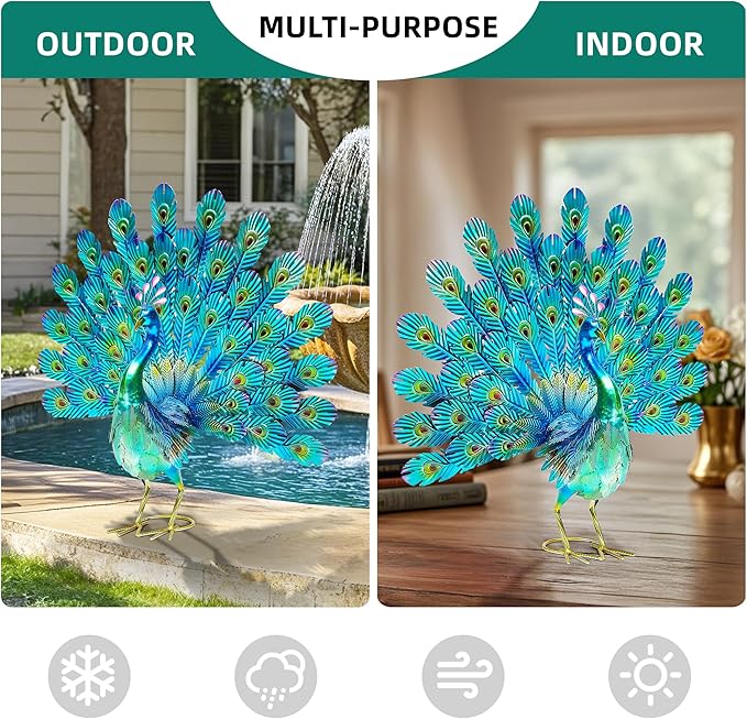 Autodaya 27.5" Tall Metal Peacock Garden Statue - Handmade, 3D Textured, Tail Spread Sculptures for Patio, Garden or Entryway.