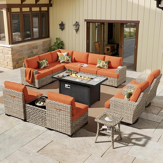 HOOOWOOO Outdoor Sectional Patio Furniture Set with Fire Pit Table,13 Pieces Wicker Conversation Sets L Shaped Couch,Extra Deep Out Door Sofa Outside Furniture with Swivel Chairs,Brick Red