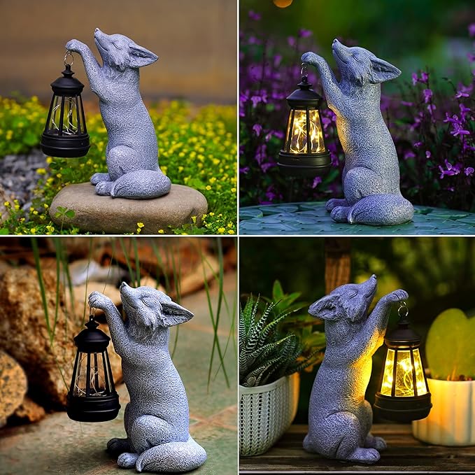 Fox Statue for Garden Decor, Garden Statue with Solar Power Light for Outdoor Patio Porch Lawn Yard Backyard Oudside Indoor Shelf Decoration,Praying Fox Sculptures Decorations to Wow Your Guests
