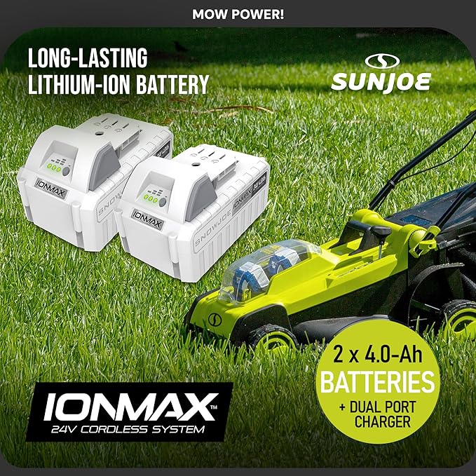 Sun Joe 24 Volt 17 Inch Mulching Walk Behind Lawn Mower with 11 Gallon Grass Catcher, 6 Position Height Adjustment, Battery and Charger, 24V-X2-17LM