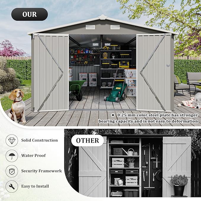 KEIKI 10x 14 FT Metal Storage Shed Outdoor, Large Garden Shed with Roof & Lockable Doors, Utility Tool Sheds Frame & 4 Vents for Patio Backyard Bicycles Storage House, All Weather Use, Light Grey