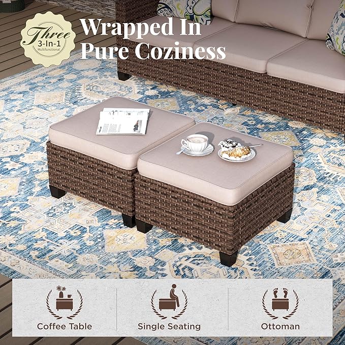 Patio Furniture Set, 6 Pcs Wicker Rattan Outdoor Conversation Set, 2 x Leg Chairs, 1 x 3 Seater Sofa and 2 x Ottoman with 4" Thick Cushion and 32" Fire Pit Table, Beige