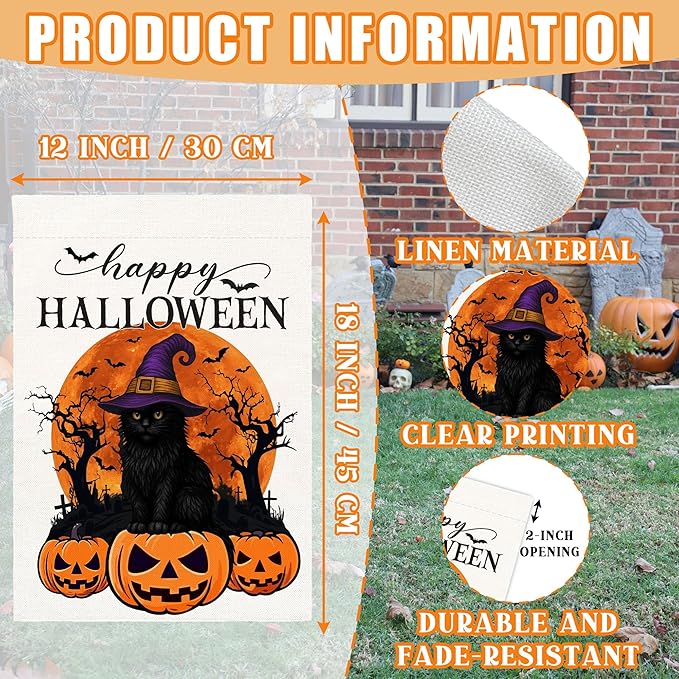 Happy Halloween Garden Flag for Outside, 12x18 Inch Double Sided Halloween Black Cat Witches Hat Pumpkin Bats Yard Flag, Farmhouse Small Yard Flags for Outdoor Decorations, Holiday Decor Gifts-A06