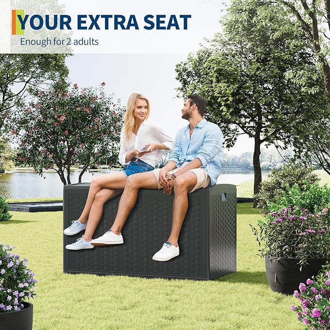 120 Gallon Outdoor Storage Box, Waterproof Deck Box, Lockable Storage Bin, Suitable for Patio Furniture, Pool Accessories, Gardening Tool, Rattan Black
