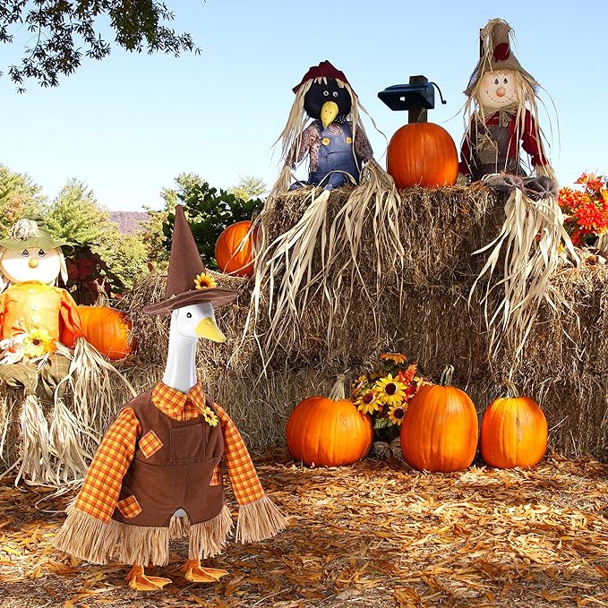 DECOHS 2 Pcs/Set Scarecrow Porch Goose Outfits, Fall Thanksgiving Lawn Goose Statue Scarecrow Costume, Garden Goose Scarecrows Clothes Hat for 23" Statue Autumn Halloween Outdoor Patio Yard Decoration