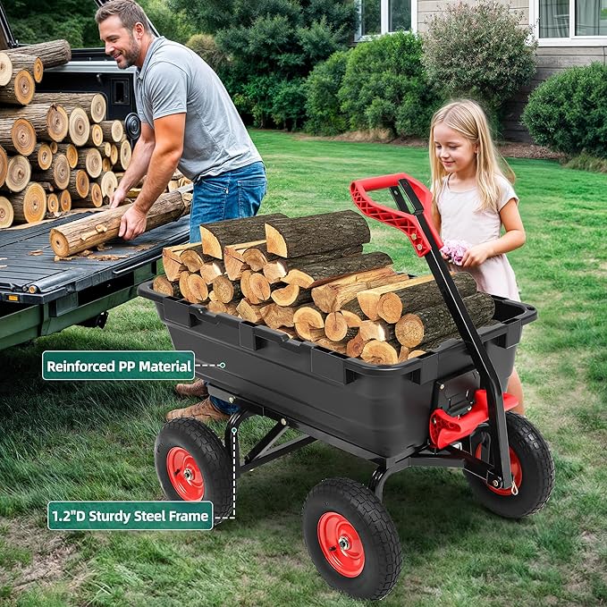 1200lbs Garden Dump Cart,Ultym Heavy Duty 7 Cu.Ft Trailer Dump Cart with Hitch,Garden Dump Wagon with 13" All Terrain Wheels & 2-in-1 Handle,Tow Behind for Lawn Mower Tractor ATV