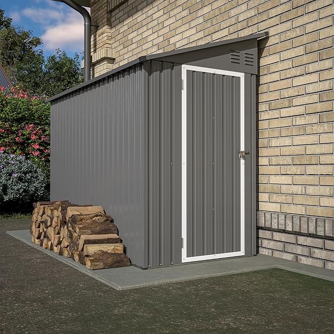 4×8 FT Outdoor Metal Storage Shed,Heavy-Duty Lean to Storage Shed with Floor Base,Garden Tool Metal Storage House W/Lockable Door and 2 Air Vents,Weather Resistant,for Backyard,Patio,Lawn,Gray