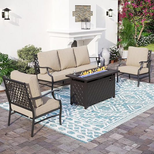 Patio Furniture Set with Firepit Table, 4 Piece Metal Outdoor Patio Furniture, 2 Single Chairs and 3 Seater Sofa with 5.75" Extra Thick Cushion and Gas Firepit Table for Backyard Deck