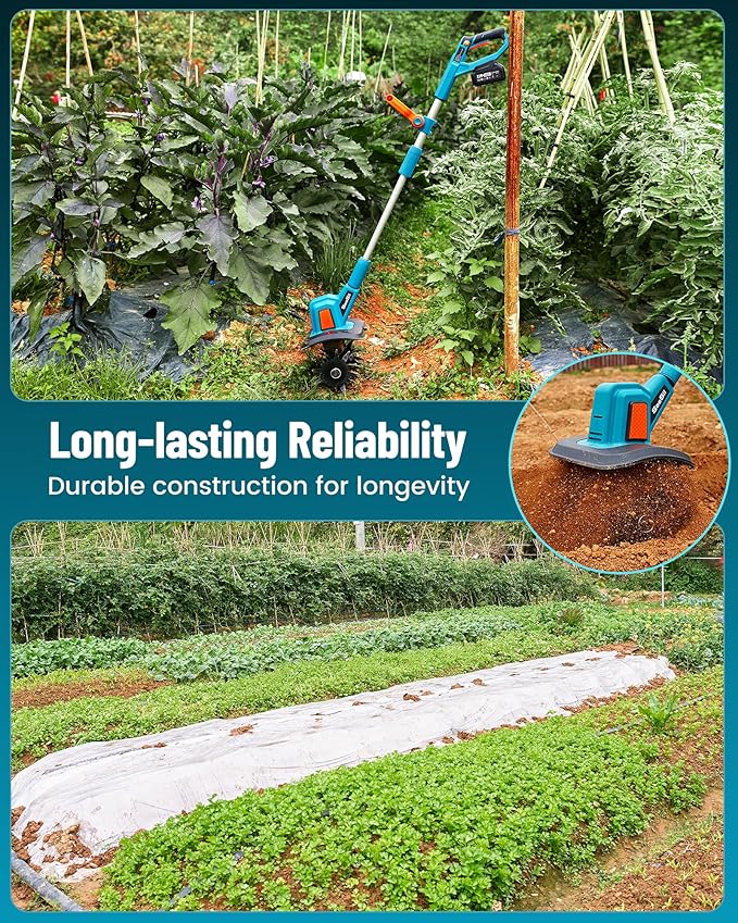 SEESII Electric Tiller for Gardening 300 RPM Rototiller Cordless Cultivator Total 8000mAh Battery Powered Garden Tiller 4 Pcs Blades for Smooth Tilling&Cleaning, Handheld Tiller for Raised Garden Beds