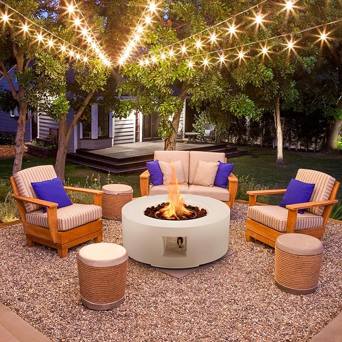 ECOTOUGE Round Gas Fire Pit, 30 Inch Outdoor Propane Firepit Table, Steel Fire Table w/50,000 BTU Auto-Ignition, Weather-Resistant Pit Cover, Lava Rocks, No Tank Holder, White