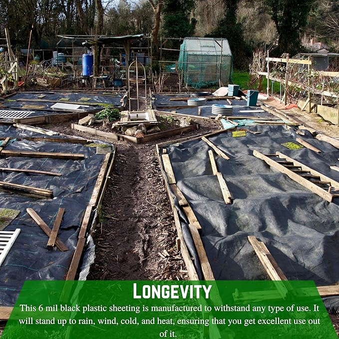 Farm Plastic Supply - Weed Control 6 Mil Black Plastic Sheeting - Heavy Duty Weed Barrier Landscape Fabric for Outdoor Gardens, Non Woven Weed Blocker Fabric, Weed Control (24' x 150')