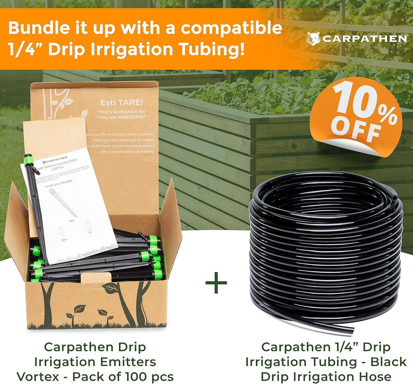 CARPATHEN 100 Drip Irrigation Emitters Vortex - Drip Irrigation Parts for Irrigation Kit - 1/4 inch Irrigation Tubing Compatible - 360 deg Adjustable Fan Sprayer for Raised Garden Bed, Potted Plants