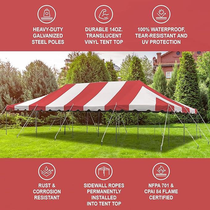 Party Tents Direct 20'x40' Weekender Canopy Pole Tent - Easy Up Canopy Tent with 160 Person Capacity - Outdoor Canopies for Parties, Weddings, & Events (Red/White Top)