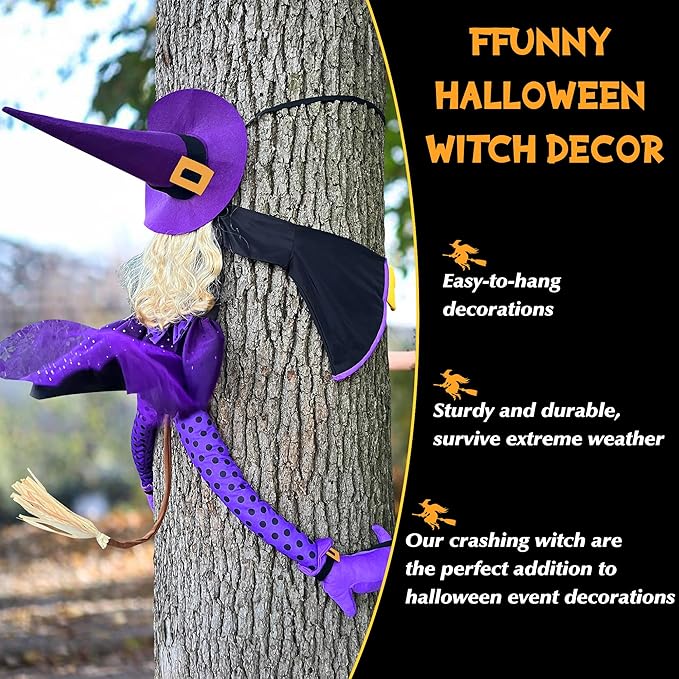 53" Purple Crashing Witch Halloween Decorations - Funny Flying Witch Prop for Yard, Porch, Tree, Patio, Door – Large Outdoor Halloween Witch Tree Decor for Garden, Fence, and Haunted House