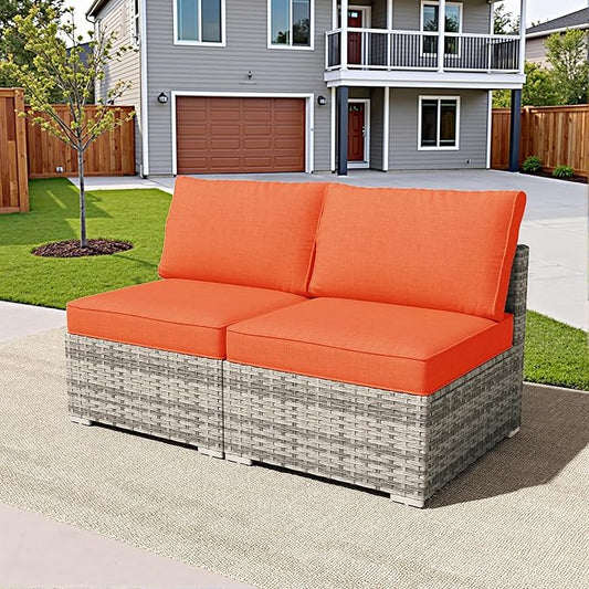 HOOOWOOO Patio Sectional Furniture Set,2 Piece Couch Set with 2 Matching Armless Chairs(Orange Red)