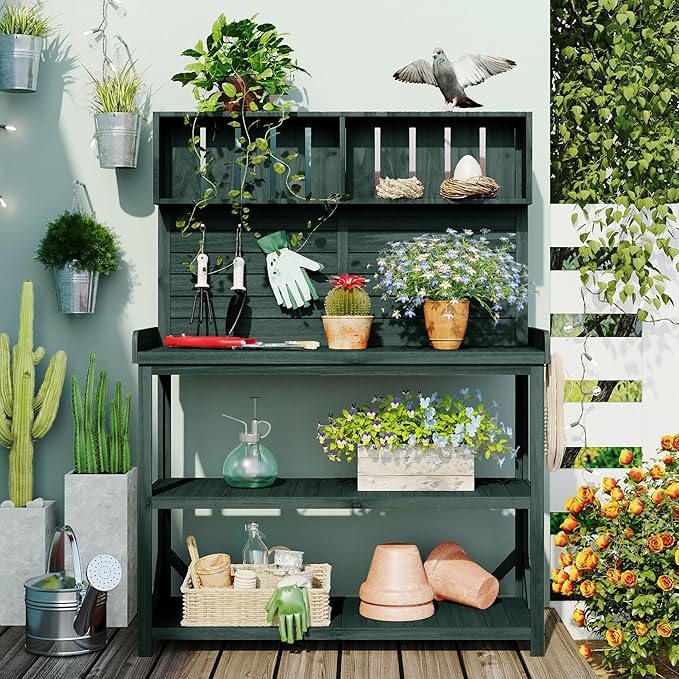 Harper & Bright Designs 65" Large Wooden Farmhouse Rustic Outdoor Potting Bench Table with 4 Storage Shelves and Side Hook, Patio Workstation, for Garden, Backyard, Forest Green