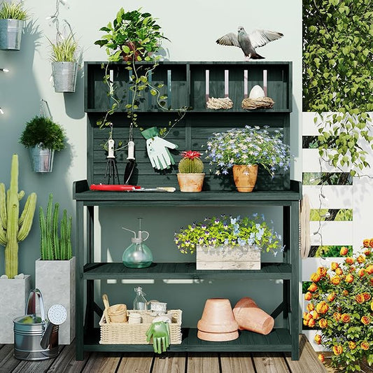 Harper & Bright Designs 65" Large Wooden Farmhouse Rustic Outdoor Potting Bench Table with 4 Storage Shelves and Side Hook, Patio Workstation, for Garden, Backyard, Forest Green