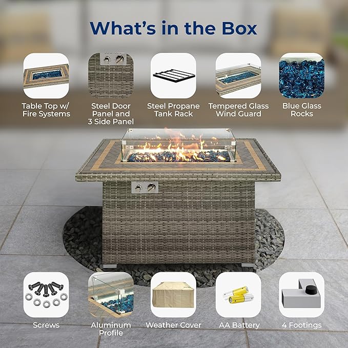 SereneLife Outdoor Propane Fire Pit Table 50000 BTU with Auto Ignition, Glass Wind Guard, Mosaic Tile Top, Clear Glass Rocks, and Weather-Resistant Design for Patio or Backyard