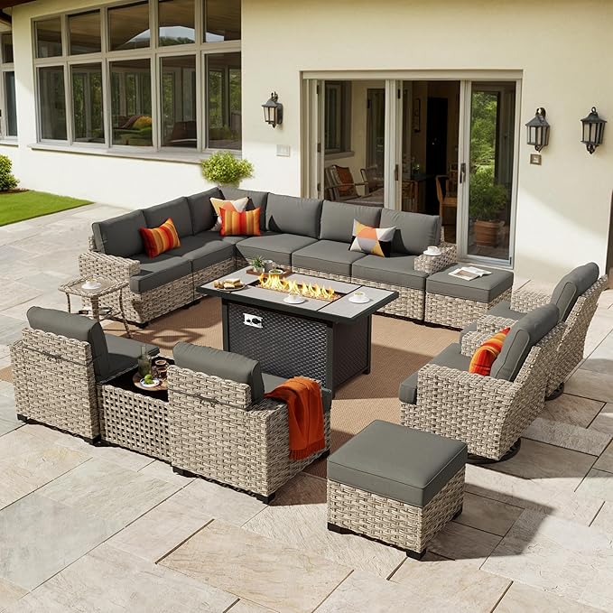 HOOOWOOO Outdoor Sectional Patio Furniture Set with Fire Pit Table,15 Pieces Wicker Conversation Sets L Shaped Couch,Extra Deep Out Door Sofa Outside Furniture with Swivel Chairs Ottomans,Black