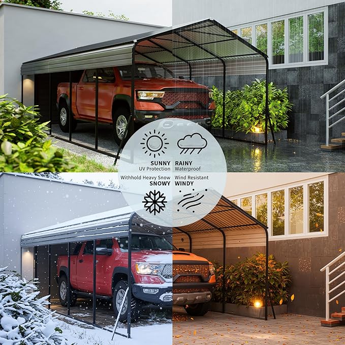 12x25 FT Metal Carport, Heavy Duty Carports Canopy with Galvanized Steel Frame & Roof, Outdoor Garage Car Port for All-Weather, Outdoor Galvanized Shelter for Car, Boats and Truck