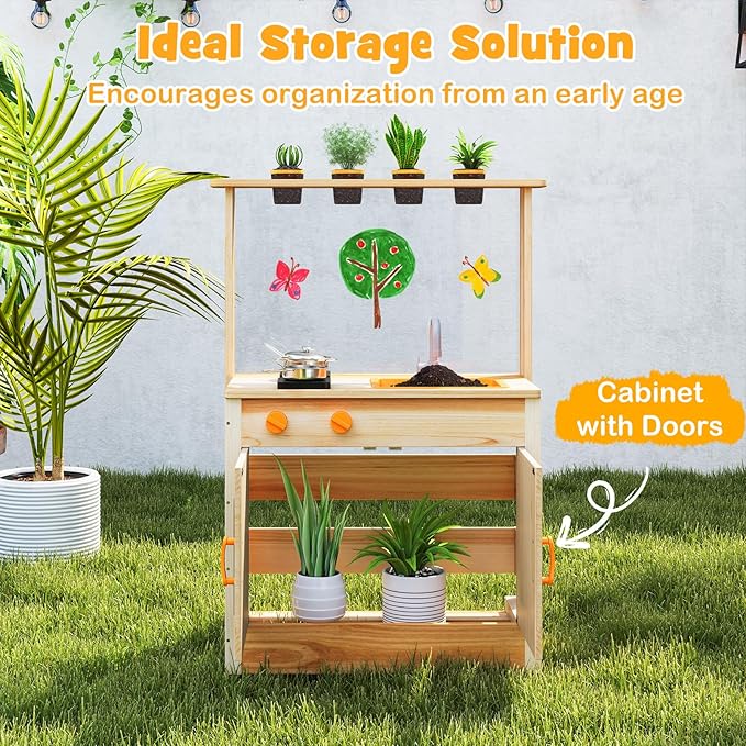 HONEY JOY Mud Kitchen, Fir Wood Outdoor Play Kitchen for Toddlers, 4 Planting Cups, Cookware, Faucet & Sink, DIY Acrylic Board & Blackboard, Storage, Mud Table, Mud Kitchen for Kids Outdoors, Natural