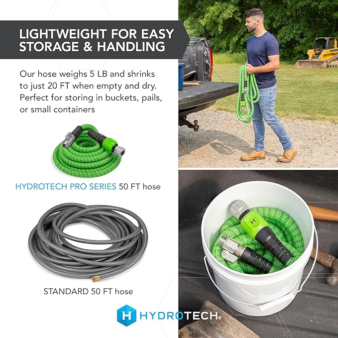 HydroTech 50 ft Expandable Garden Hose - Pro Series, 2x Max Flow, 3/4" No-Kink Flexibility, Lightweight Hose for Lawn, Garden, Car Washing, Deck and Patio Cleaning