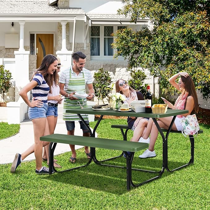 Moccha Picnic Table Bench Set - Portable Plastic Picnic Table w/Steel Frame & Wood-Like Texture, All Weather Heavy Duty Picnic Table Kit, Picnic Tables for Outdoors Garden Patio Party Dining (Green)