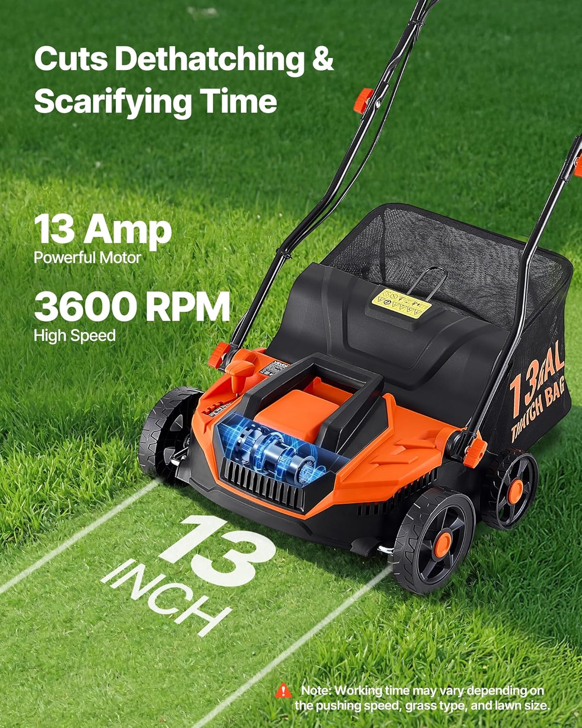 VEVOR 2-in-1 Electric Dethatcher and Scarifier, 13-Inch 13 Amp, Corded Lawn Dethatcher with 13-Gallon Thatch Collection Bag, 5-Position Depth Adjustment, Walk Behind Machine for Garden Yard Grass