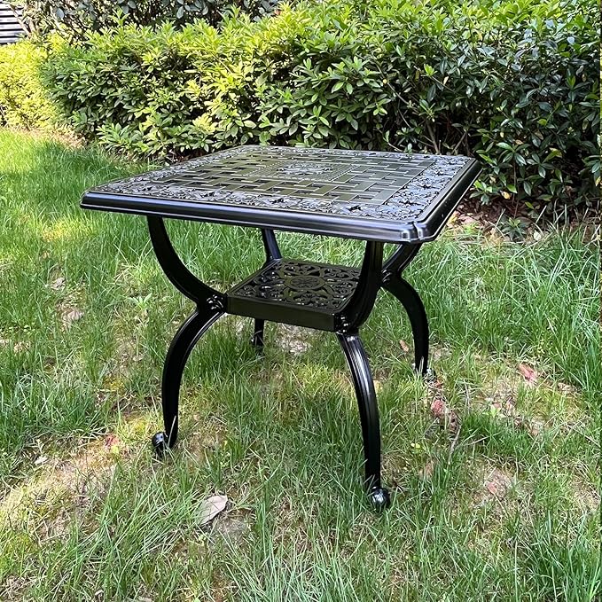 Cast Aluminum Outdoor Side Table,Small Patio Table,Outdoor Coffee Tables for Patio,Garden,Balcony, for All Weather (Black, Square)