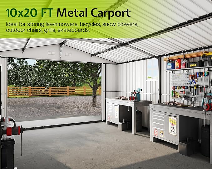 Jocisland 10.1x20.7x7.3 FT Heavy Duty Carport, Metal carport with 2 Lockable Doors & 4 Windows, Carport Canopy for for Car, Midsize SUV, Garbage Can, Tool, Lawnmower, Dark Gray