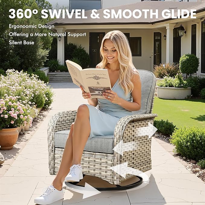 Outdoor Sectional Patio Furniture Set with Swivel Rocking Chairs and Glowing Table,8 Pieces Wicker Conversation Sets L Shaped Couch Out Door Sofa Outside Furniture for Garden Deck Yard Porch,Dark Grey