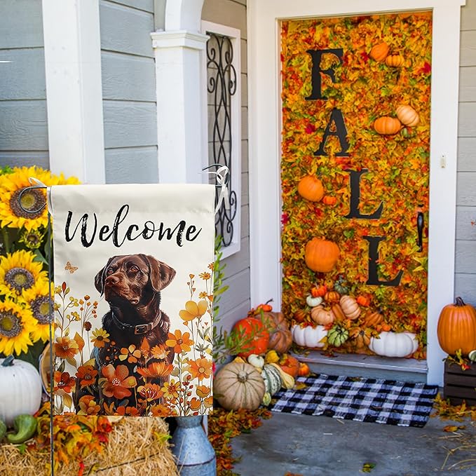 Floral Chocolate Lab Garden Flag Fall Yard Flag Wildflower Labrador Dog Garden Flags Orange Autumn Lawn Flags Welcome Thanksgiving Outdoor Flags for Outside 12x18 Double Sided Small