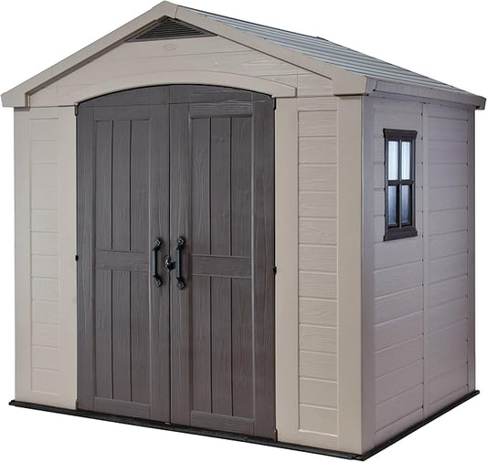 Keter Factor (8x6 ft) Large Resin Outdoor Storage Shed for Patio Furniture, Lawn Mower, Garden Accessories Yard Tools, and Pool Toys, Taupe