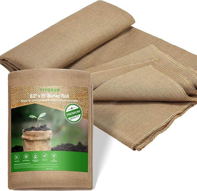 VIVOSUN 63 in x 15 ft Premium Burlap Fabric, 10 oz Heavy Duty High Density Natural Jute Fiber, Multipurpose Burlap for Gardening, Outdoor Plant Care, Weed Barrier, DIY Crafts, and Decoration