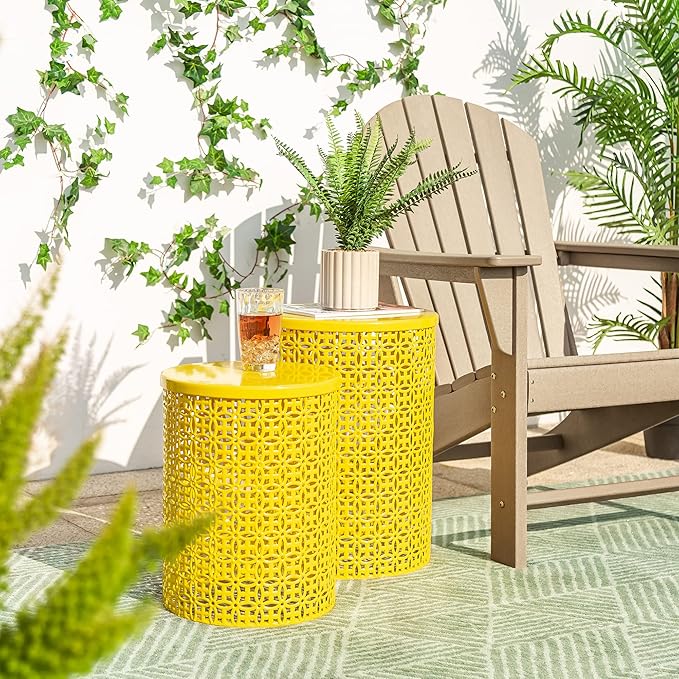 Glitzhome Outdoor Side Table Set of 2, Decorative Garden Stool for Indoor Outdoor Heavy Duty Metal Frame Accent Table Modern End Table, Glossy Yellow
