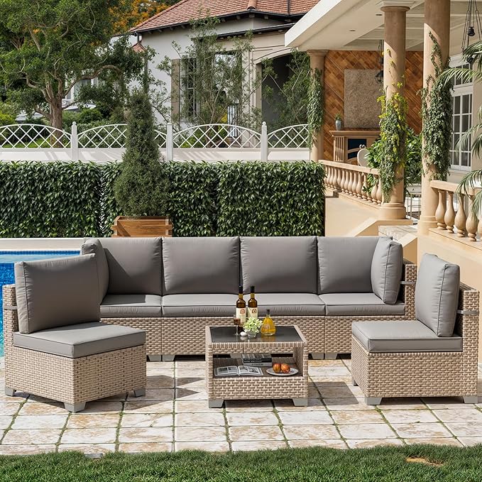 7 Pieces Patio Furniture Set, Outdoor Sectional Wicker Sofa with Thick Cushions and Storage Coffee Table, Rattan Patio Conversation Sets for Deck Yard Poolside, Grey