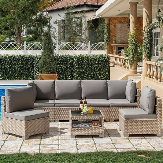 7 Pieces Patio Furniture Set, Outdoor Sectional Wicker Sofa with Thick Cushions and Storage Coffee Table, Rattan Patio Conversation Sets for Deck Yard Poolside, Grey
