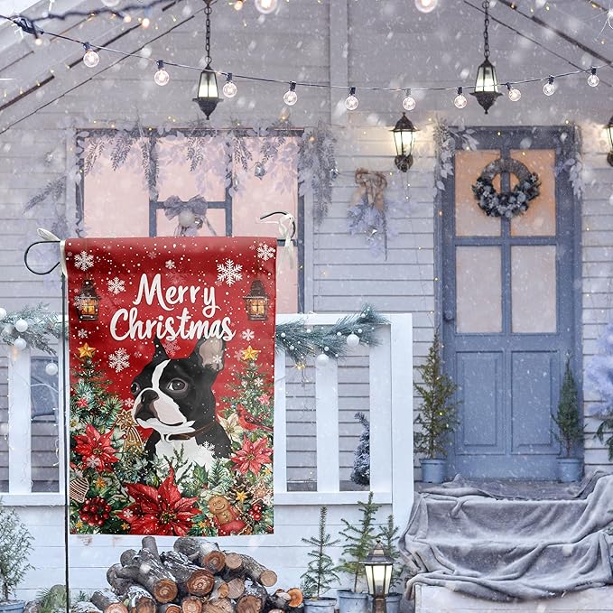 Christmas Boston Terrier Garden Flag Merry Christmas Dog Yard Flag for Outside Xmas Flags 12x18 Double Sided Red Poinsettia Garden Flags Winter Porch Decorations Outdoor