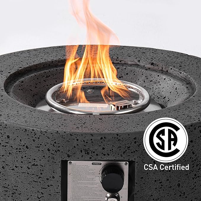SUNBURY Outdoor Fire Pit, 28" Round Propane Gas Patio Fire Table 40,000 BTU Concrete Travertine Design, CSA Certified, Circular Base Small Firepit with Lava Rocks, Waterproof Cover (Grey)