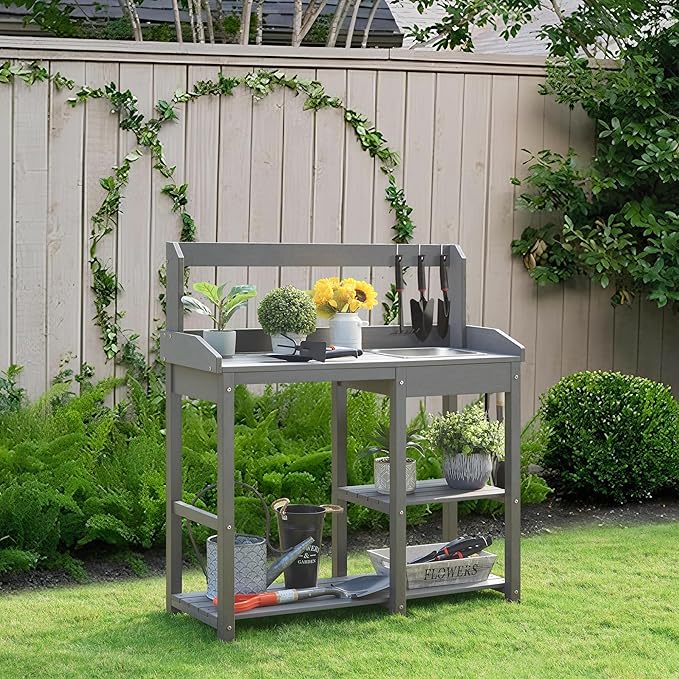 Psilvam Outdoor Potting Bench with Sink for All-Weather Gardens, HDPE Potting Benches for Outside, Planting Table for Garden, Patio and Lawn (Grey)