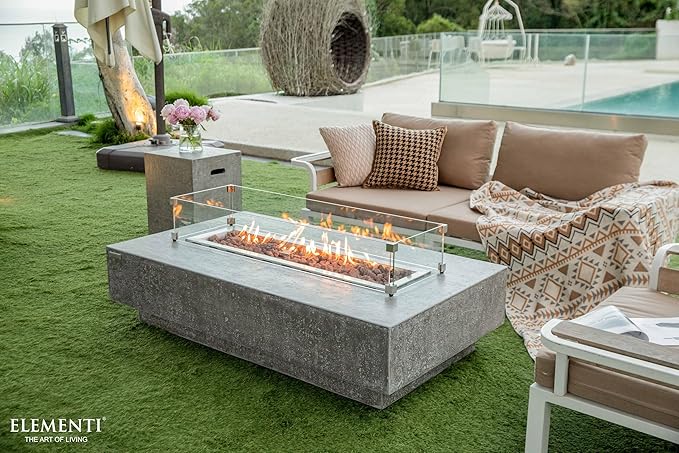 Elementi | Bundle Hampton Gas Fire Pit Cast Concrete 56" Rectangular Fire Table, Outdoor Fire Pit Electronic Ignition | Canvas Cover, Lava Rock Included | Light Gray (Propane Gas)