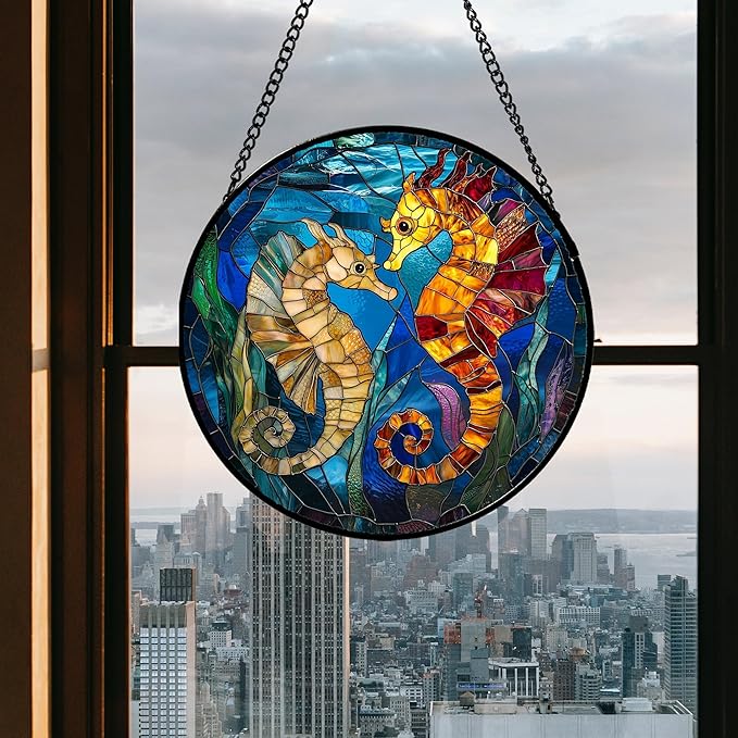 Stained Glass Window Hanging - Blue Ocean Orange Seahorse Suncatcher for Door Terrace Garden Home Decor, Marine Life Sun Catcher Birthday Gifts for Lovers Women Men Dad Mom Nana 6.3 in