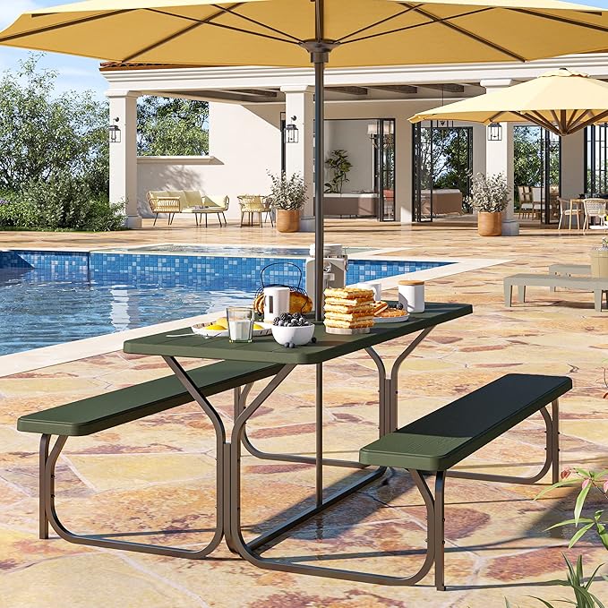 YITAHOME 6ft Outdoor Picnic Table with Wood-Like Tabletop, Sturdy Steel Frame and Umbrella Opening, Heavy Duty Picnic Table Ideal for Yard, Patio, Lawn Gatherings, Green