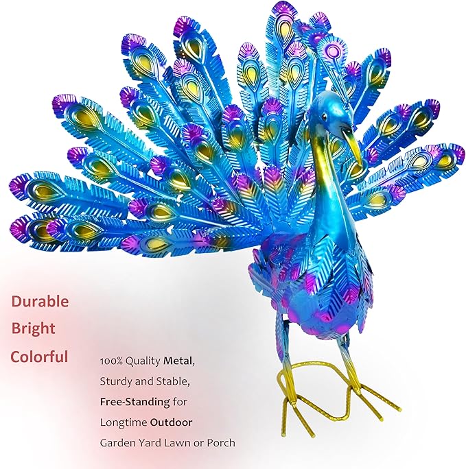 MACLARONX Metal Peacock Garden Yard Art Outdoor Statue Standing Sculpture for Backyard Lawn Patio Home Decorations, 17'' W Multi-Color, Blue-peacock