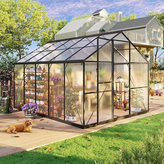 8x10FT Greenhouses for Outdoors, Polycarbonate Green House with UV Protection, Heavy Duty Greenhouse with Windproof Aluminum Frame, Roof Vent & Quick-Install Design for Backyard or Garden Use
