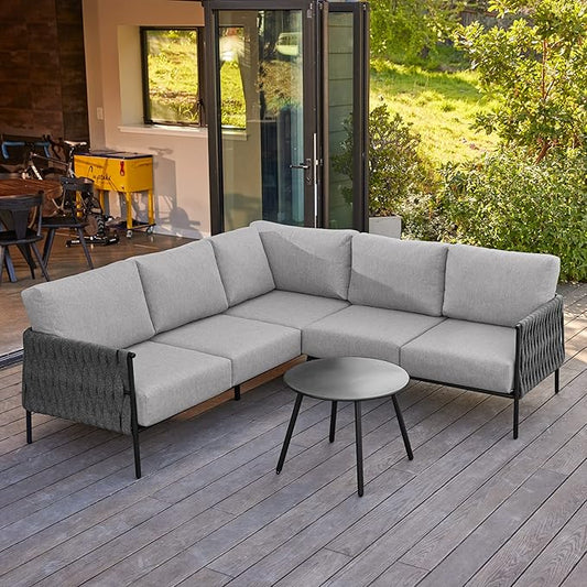 EAST OAK Corner Patio Furniture Set | Life Chatter 5-Seat Outdoor Furniture | Deep Seating Corner Sofa with Round Coffee Table | Extra-Thick & Washable Cushions | Misty Grey