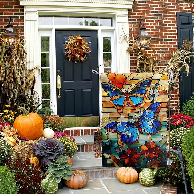 Stained Glass Butterfly Garden Flag Spring Summer Yard Flag Fall Floral Decorative Flags for Outside 12x18 Double Sided Small Seasonal Lawn Flags Rustic Outdoor Decor