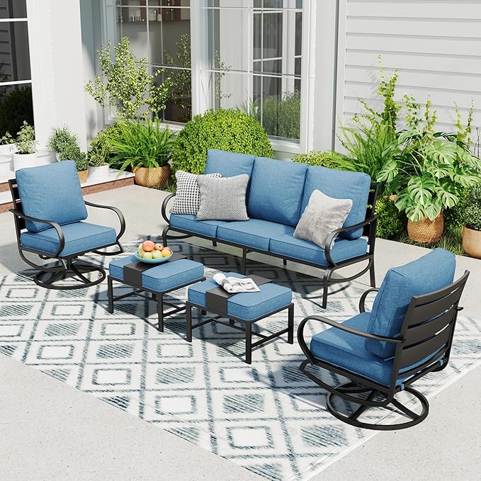 Sophia & William Patio Furniture Sets for 5 Outdoor Metal Conversation Sets 5 Pcs with 2 x Cushioned Swivel Sofa Chairs, 2 x Ottomans as Coffee Table, 1 x 3-Seat Sofa, Lawn Backyard Poolside Navy